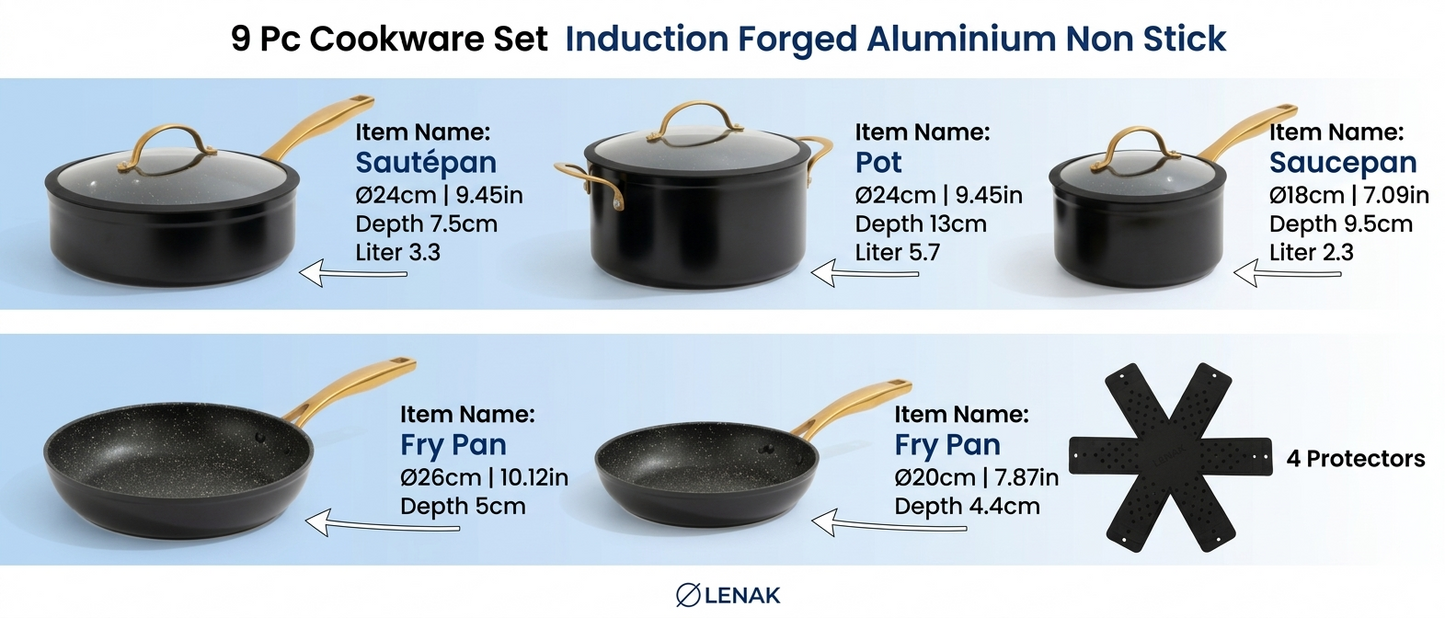 LENAK 9pc Non-stick Induction Cookware Set