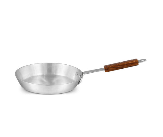 Aluminum frying pan with a wooden handle on a white background